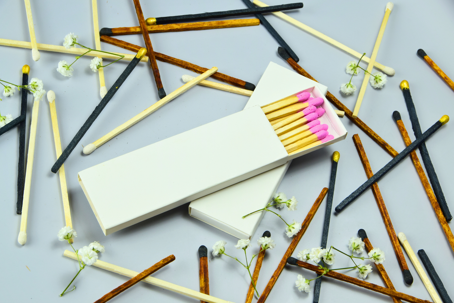 4" Inch Long Wooden Matchsticks in a Blank Matchbox with White / Black Matchboxes Colorful Tips - 12 Matchsticks - Gift- Wedding Favor