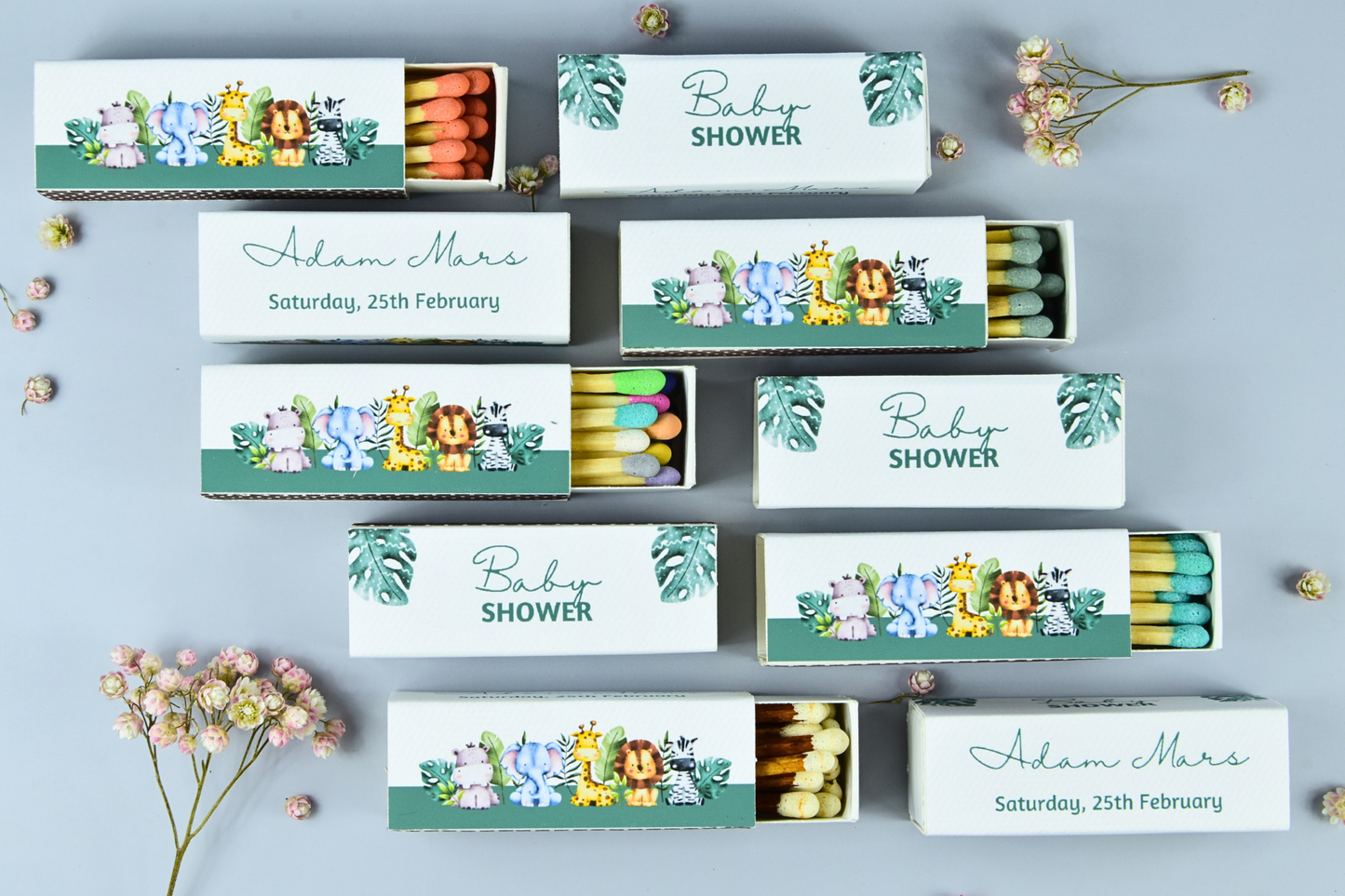Customizable Baby Shower Matchboxes – Set of 10 – Cute Baby Design – Colorful Matchsticks – Perfect for Baby Shower Favors