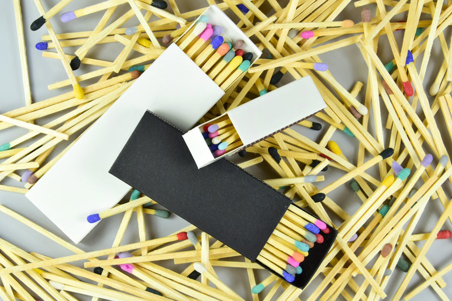 2" Inch Long Wooden Matchsticks in a Blank Matchbox with White / Black Matchboxes Colorful Tips - 20 Matchsticks - Gift- Wedding Favor
