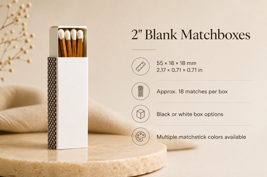 2" Inch Long Wooden Matchsticks in a Blank Matchbox with White / Black Matchboxes Colorful Tips - 20 Matchsticks - Gift- Wedding Favor