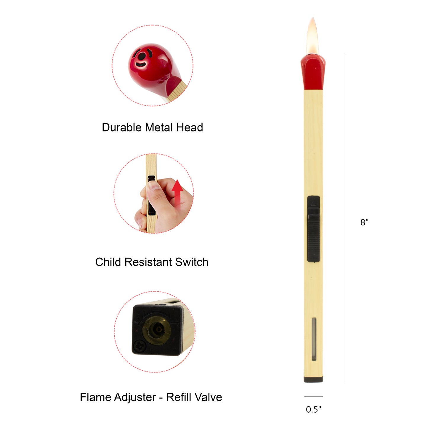 Match Shape Candle Lighter - Slim Butane - Gas Refillable - Long Reach