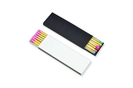 4" Inch Long Wooden Matchsticks in a Blank Matchbox with White / Black Matchboxes Colorful Tips - 12 Matchsticks - Gift- Wedding Favor