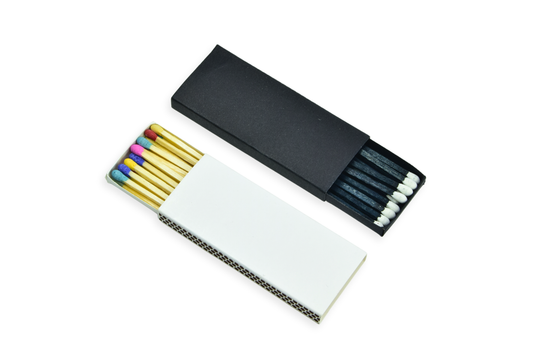 3" Inch Long Wooden Matchsticks in a Blank Matchbox with White / Black Matchboxes Colorful Tips - 16 Matchsticks - Gift- Wedding Favor