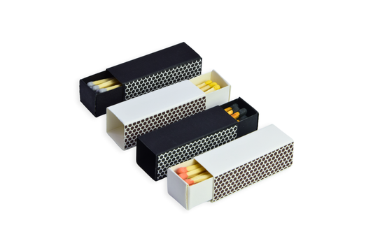 2" Inch Long Wooden Matchsticks in a Blank Matchbox with White / Black Matchboxes Colorful Tips - 20 Matchsticks - Gift- Wedding Favor