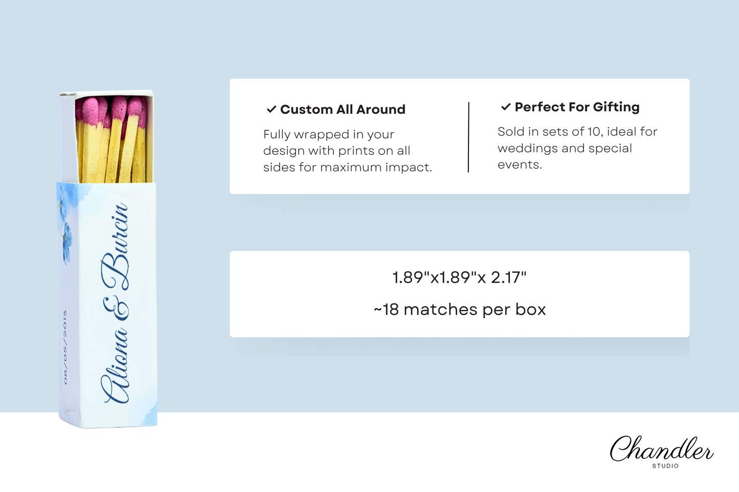 Custom Matchboxes - Set of 10 Personalized 2" Inch Long Colorful Matchsticks for Weddings – Unique Wedding Favor and Gift - Wedding Design 4