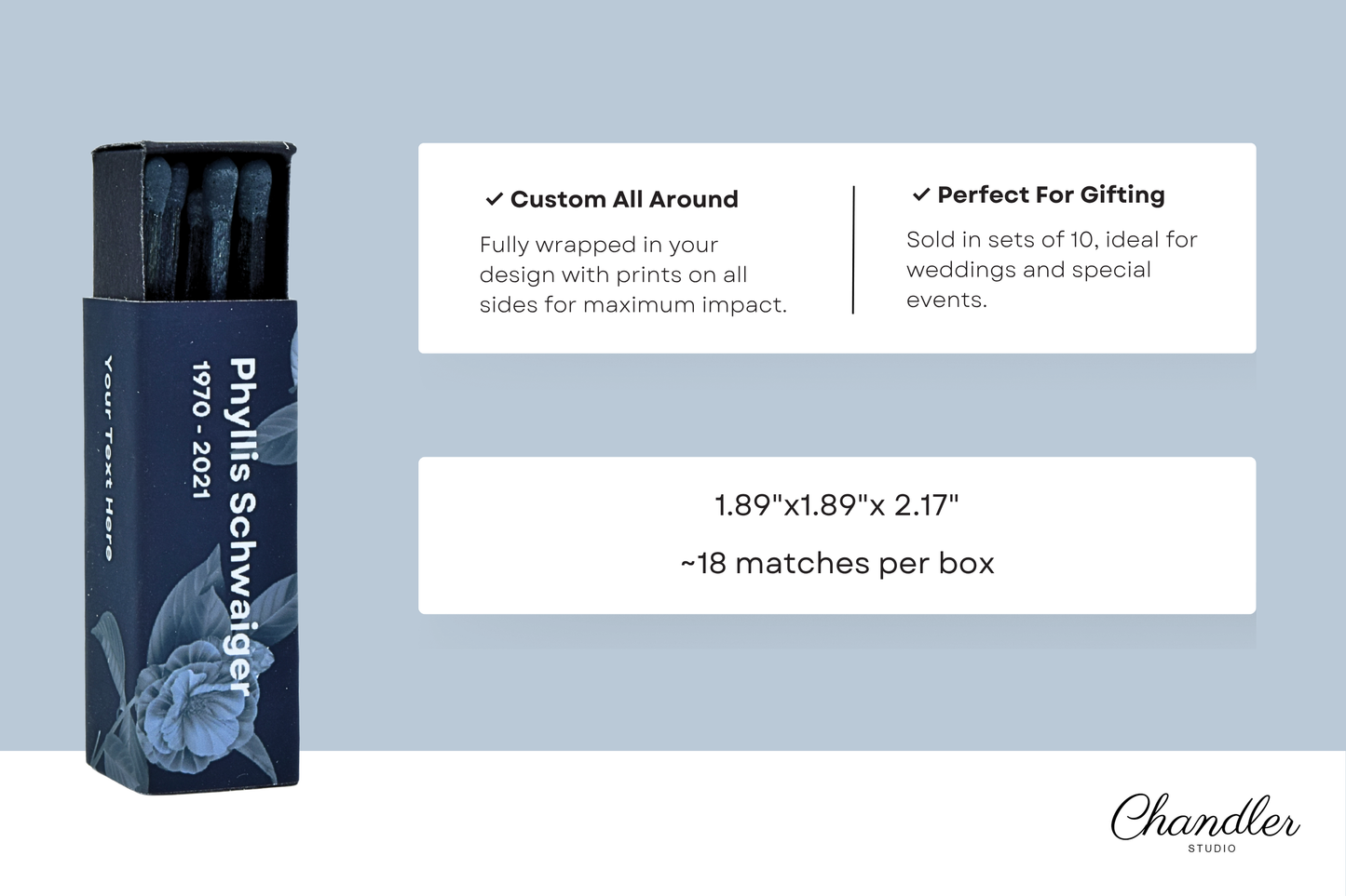 Customizable Funeral Matchboxes – Set of 10 – Memorial Design – Colorful Matchsticks – Perfect for Funeral Services & Remembrance