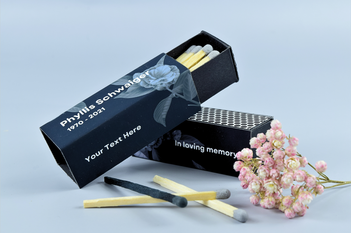Customizable Funeral Matchboxes – Set of 10 – Memorial Design – Colorful Matchsticks – Perfect for Funeral Services & Remembrance