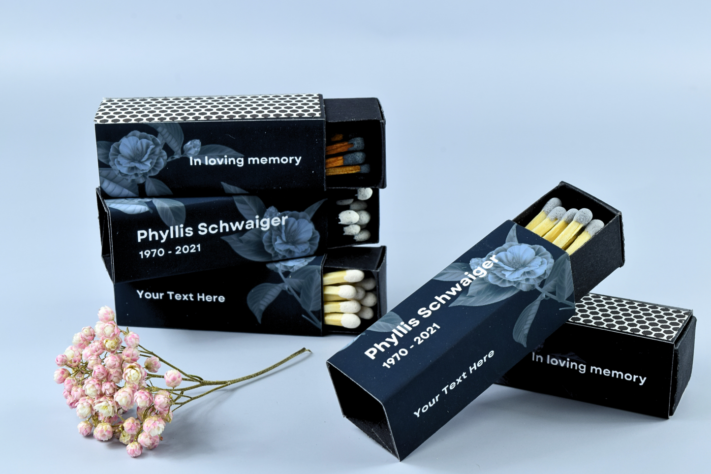 Customizable Funeral Matchboxes – Set of 10 – Memorial Design – Colorful Matchsticks – Perfect for Funeral Services & Remembrance