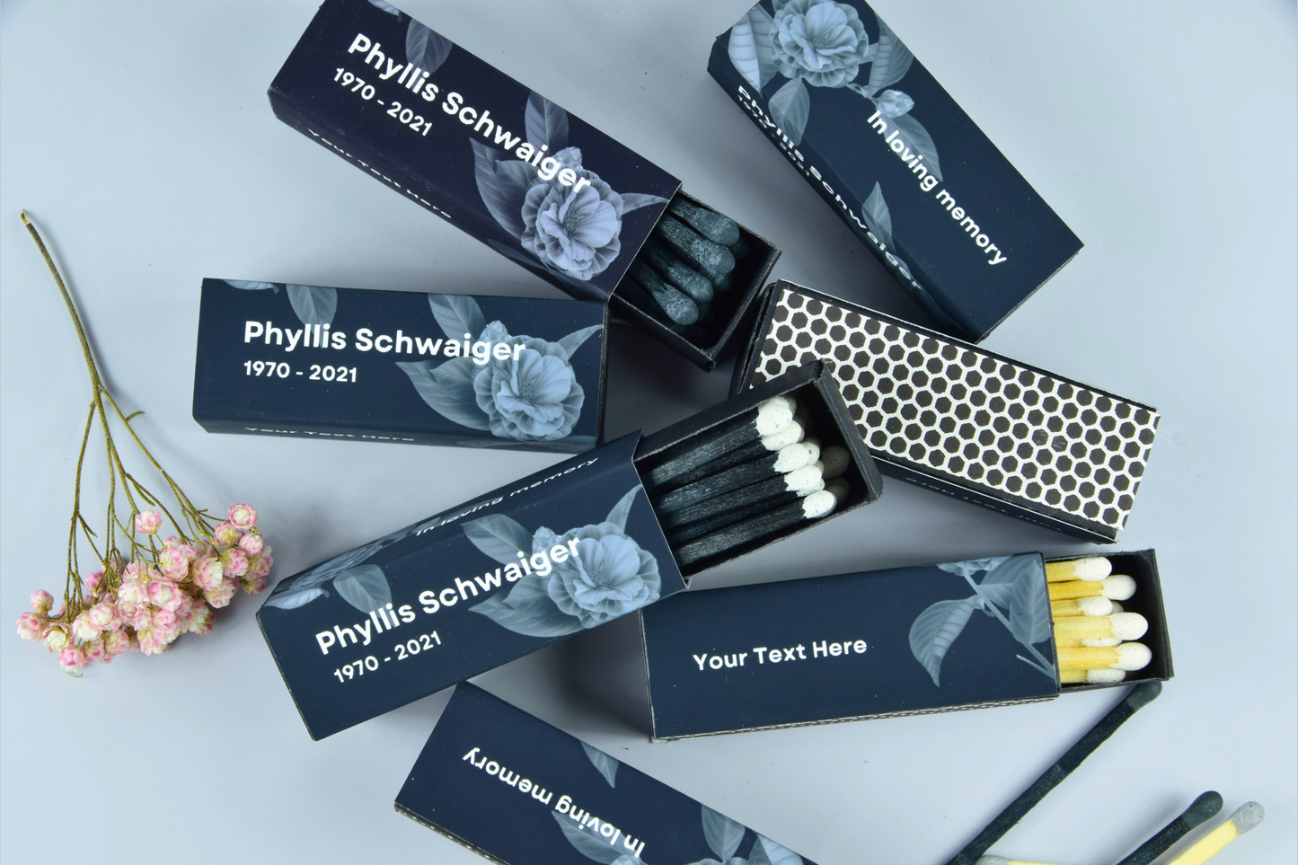 Customizable Funeral Matchboxes – Set of 10 – Memorial Design – Colorful Matchsticks – Perfect for Funeral Services & Remembrance
