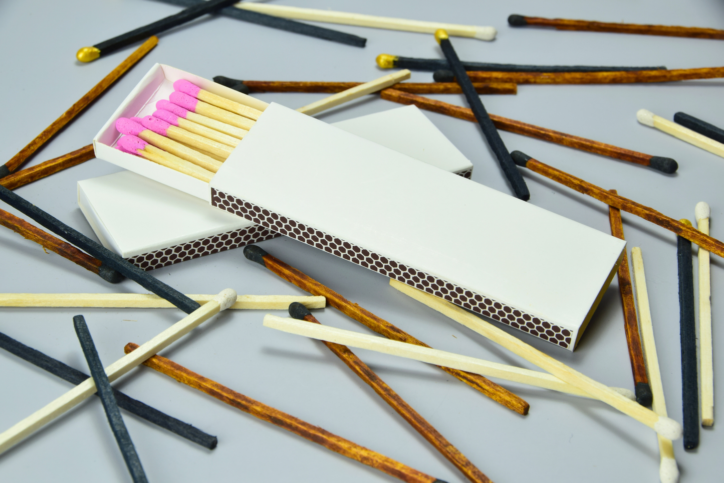 4" Inch Long Wooden Matchsticks in a Blank Matchbox with White / Black Matchboxes Colorful Tips - 12 Matchsticks - Gift- Wedding Favor